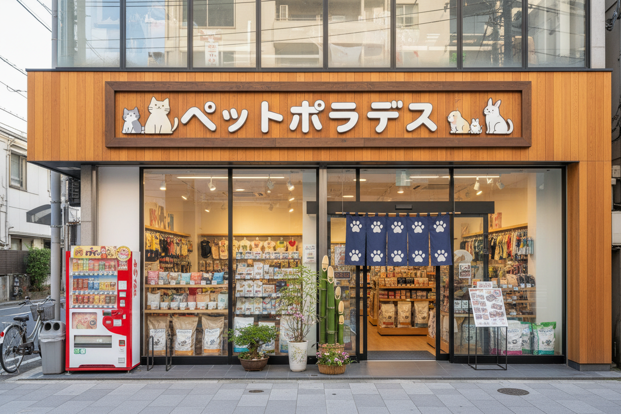 crie uma imagem de loja pet com fachada no japao